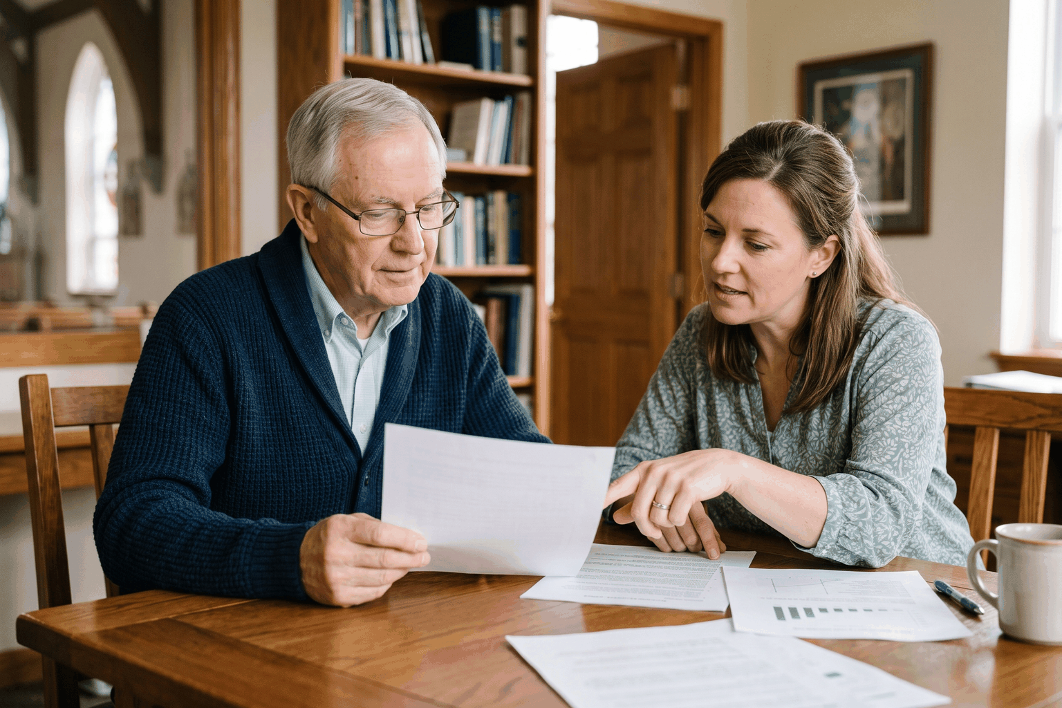 A church administrator and volunteer treasurer reviewing designated gift and fund balance reports together.