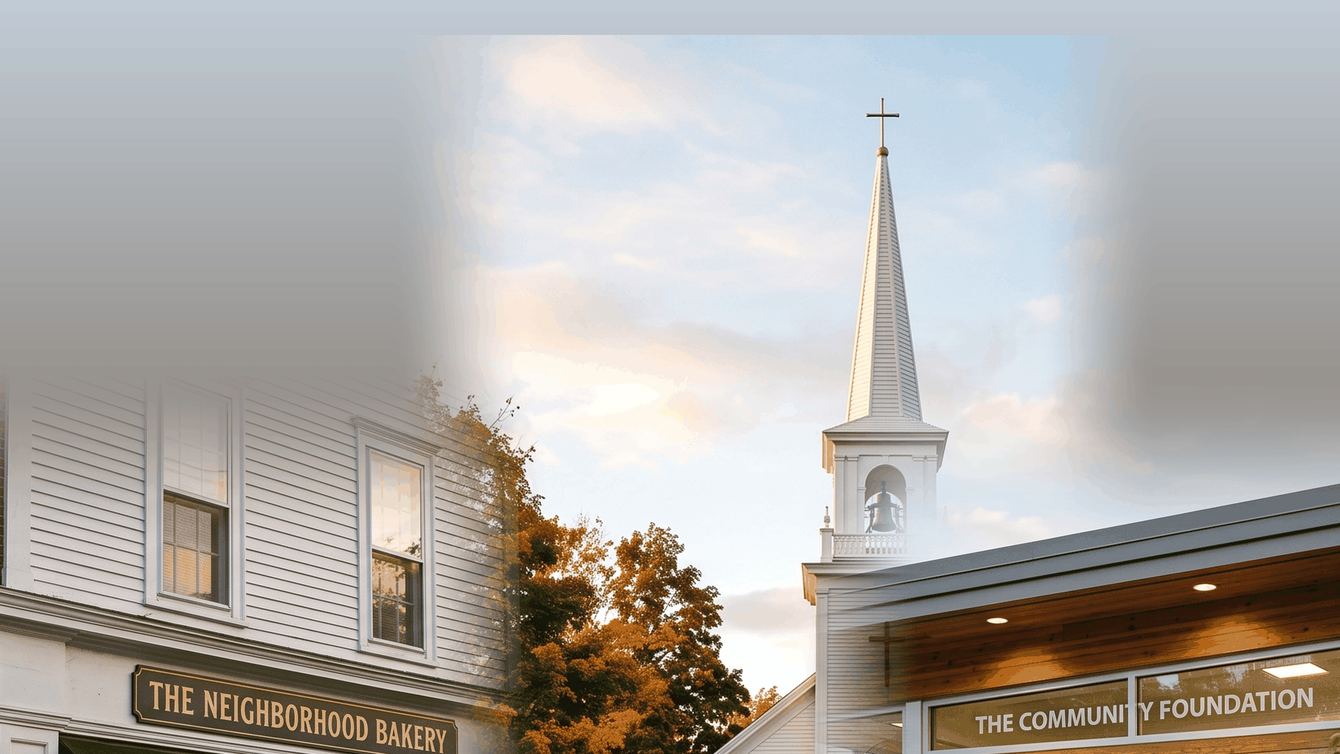 A church, a small business storefront, and a nonprofit community center at golden hour — the organizations Frontline serves.