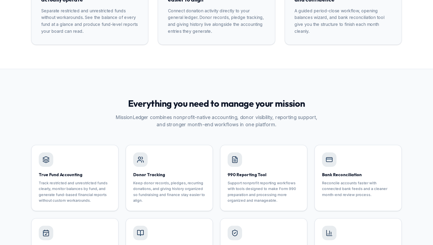 MissionLedger features page showing a grid of eight capabilities for managing a mission-driven organization.