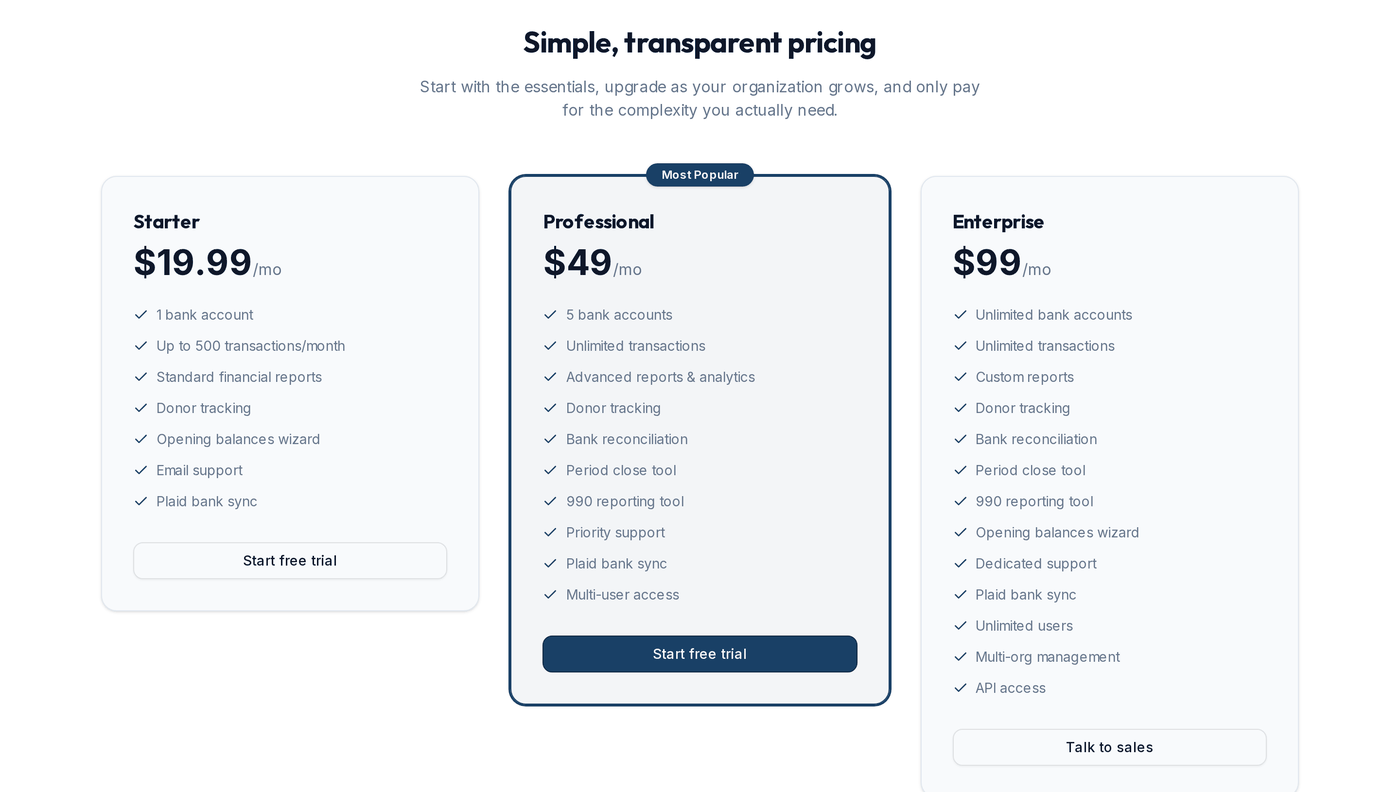 MissionLedger pricing page listing Starter, Professional, and Enterprise plans.