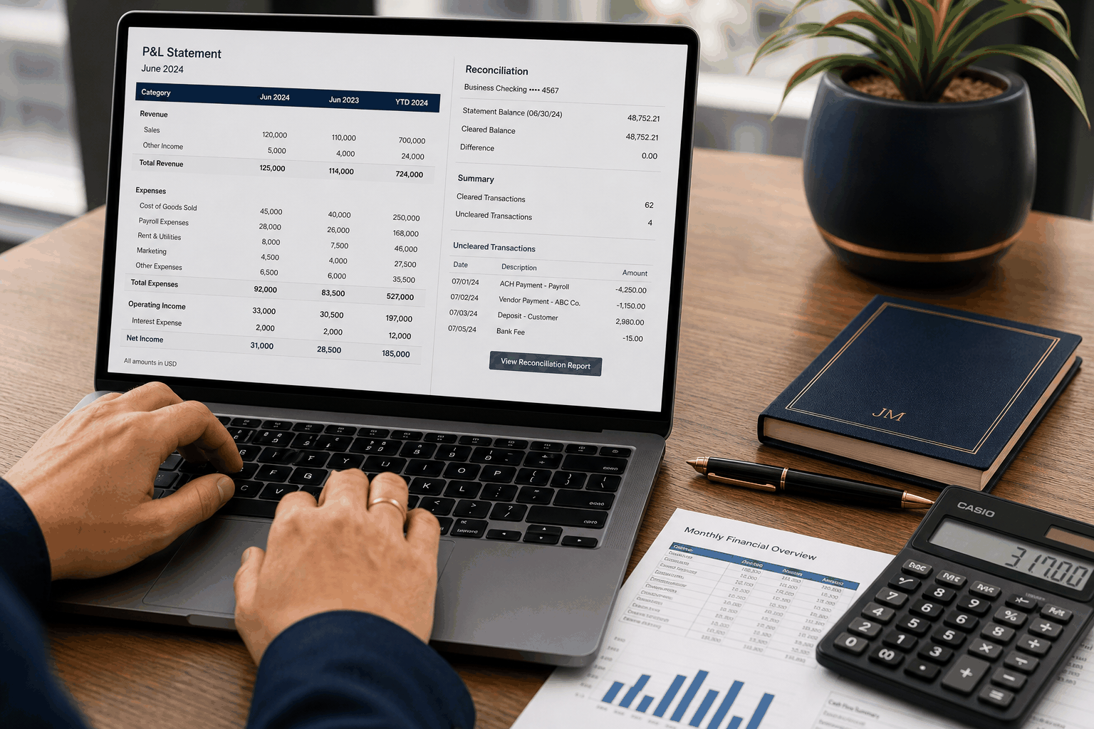 A bookkeeper reviewing fund balance reports and a monthly reconciliation for a nonprofit organization.