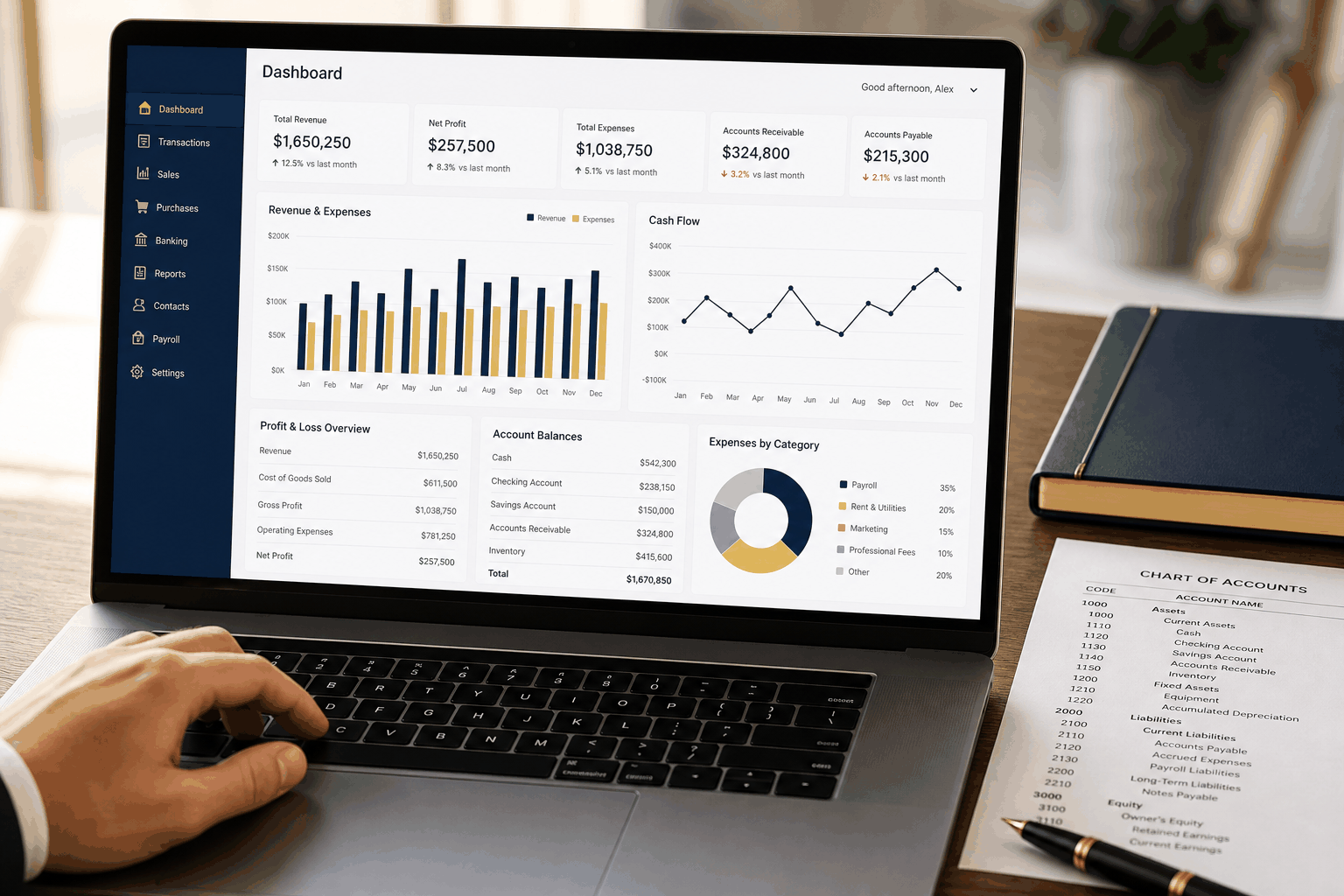 A clean accounting dashboard showing fund balances, donor activity, and reporting tiles on a laptop.